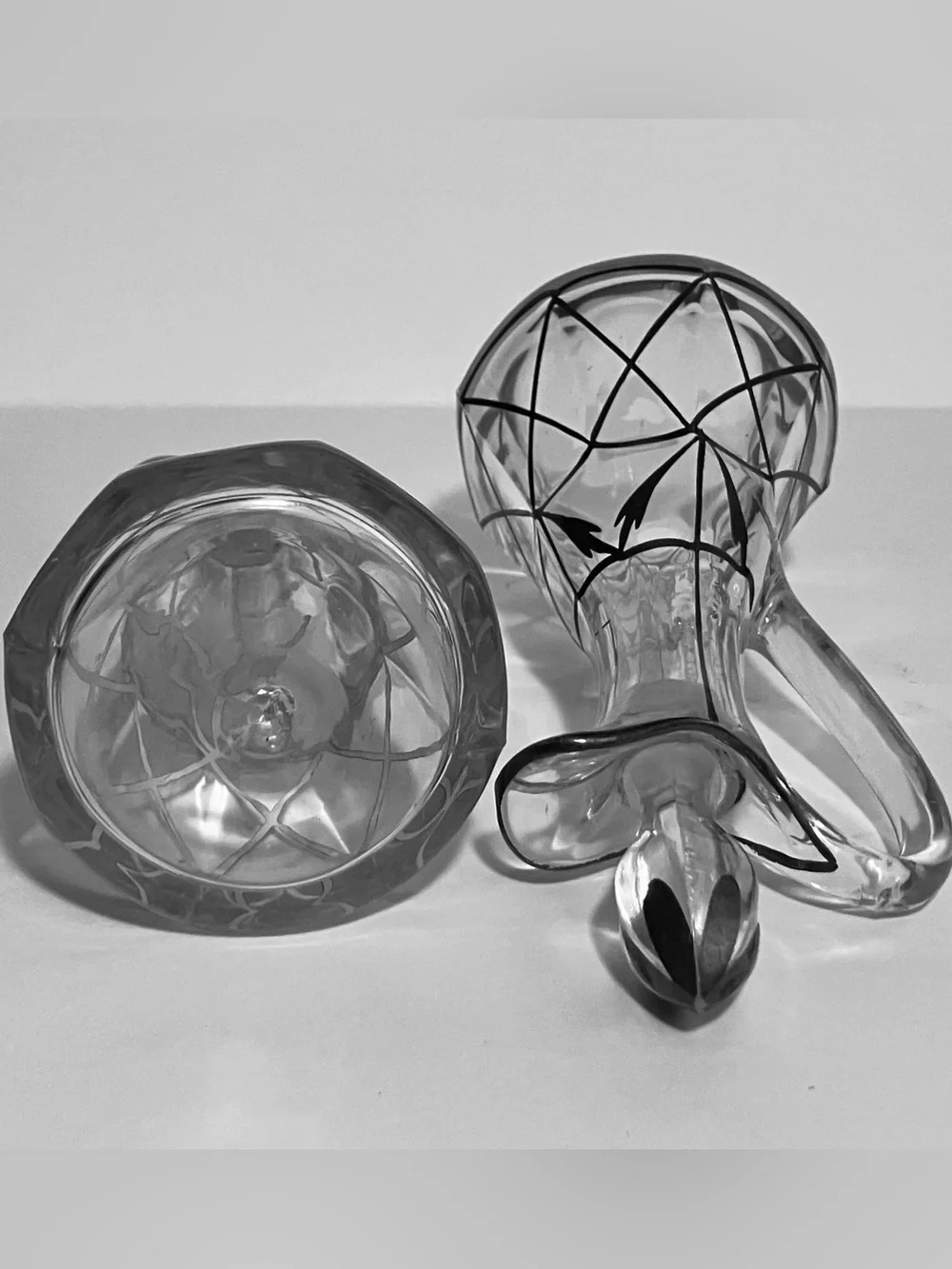 1930s ART DECO Cruet Set / SPIDERWEB Sterling Overlay / 6.5 Inches Tall / RARE